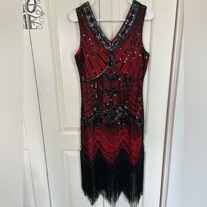 1920's Style Red & Black Beaded Sequin & Fringe Flapper Gatsby Dress Size Medium